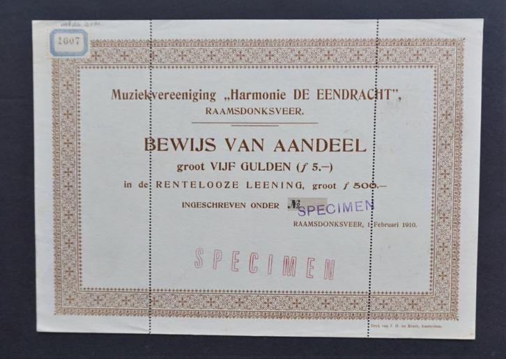 Muziekvereeniging Harmonie De Eendracht - Raamsdonkveer, Postzegels en Munten, Aandelen en Waardepapieren, Obligatie of Lening