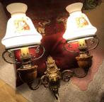 2 Arms wandlamp antiek wand lamp olie lampenkap glas bloem, Ophalen of Verzenden