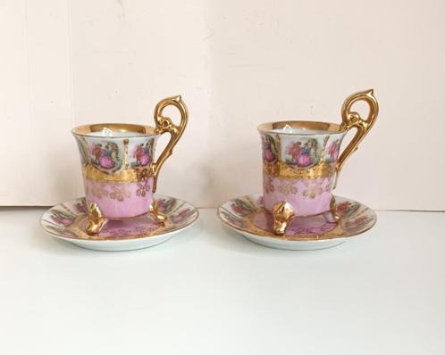 2 antieke Limoge kop en schotels Fragonard rose goud, Antiek en Kunst, Antiek | Porselein, Verzenden