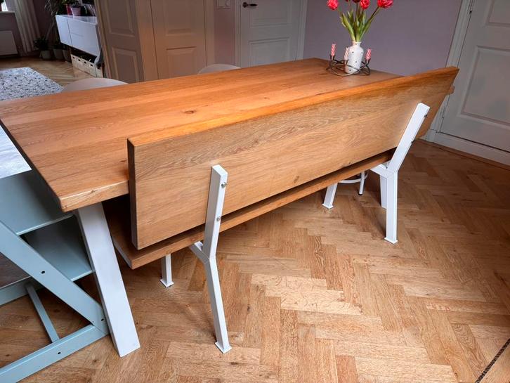 ZGAN Mooie, massief eikenhouten moderne eetkamerbank, Huis en Inrichting, Stoelen, Zo goed als nieuw, Vier, Hout, Metaal, Overige kleuren
