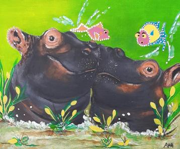 Schilderij Nijlpaarden in vrolijk acryl op canvas  beschikbaar voor biedingen