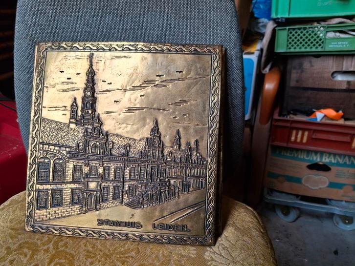Oude Koperen Plaat Stadhuis Leiden, Antiek en Kunst, Antiek | Wandborden en Tegels, Ophalen of Verzenden