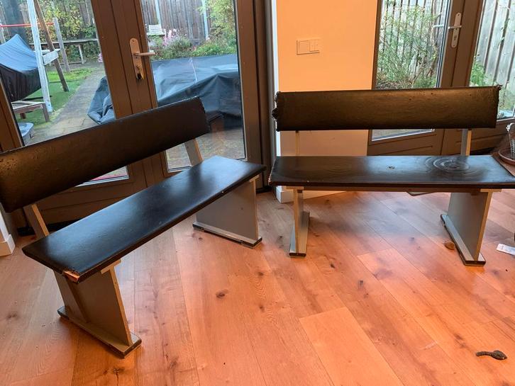 2 Piet Hein Eek Eetbanken/ banken eettafel, Huis en Inrichting, Stoelen, Gebruikt, Twee, Hout, Leer, Grijs, Ophalen