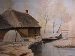 Schilderij boerderij aan het water – gesigneerd J. Verwer, Antiek en Kunst, Ophalen of Verzenden