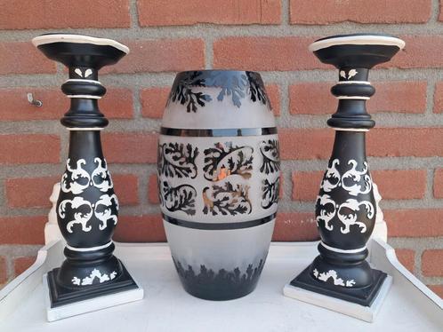 Prachtige set kandelaars met bijpassende glazen vaas., Antiek en Kunst, Curiosa en Brocante, Ophalen of Verzenden