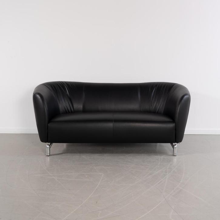 1x Leolux Pupilla 2-zits/183cm Bank Zwart Leer - Gepolijst, Huis en Inrichting, Banken | Bankstellen, Zo goed als nieuw, Rechte bank