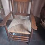 Eiken stoel met armleuning, oud - biezen zitting,, Huis en Inrichting, Stoelen, Ophalen, Bruin, Vijf, Zes of meer stoelen