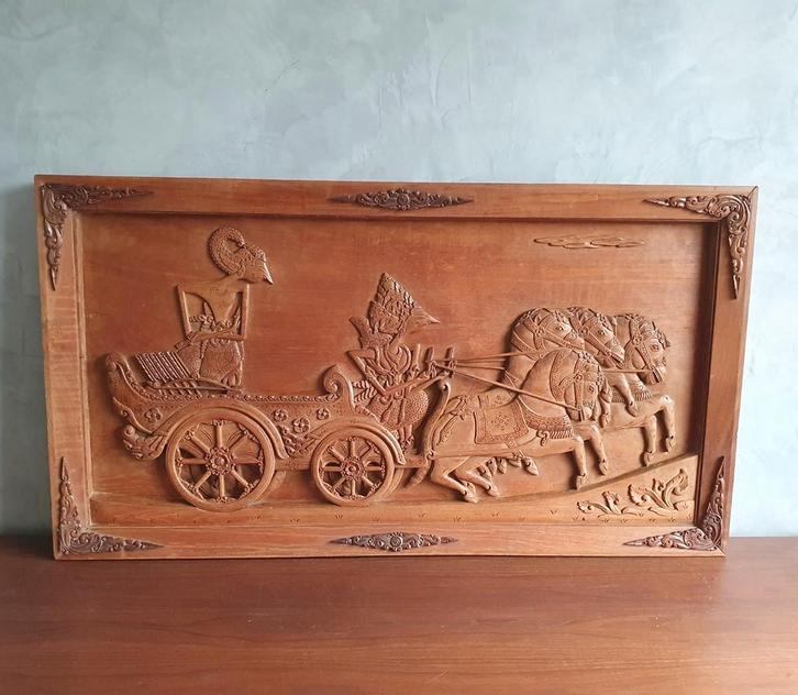 Houten 116cm groot vintage wandpaneel uit Indonesië, Antiek en Kunst, Kunst | Beelden en Houtsnijwerken, Ophalen