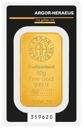 Goudbaar Argor-Heraeus 50g, Postzegels en Munten, Edelmetalen en Baren, Goud, Ophalen of Verzenden