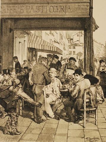 Café in Riva degli Schiavoni Venetië - Antieke prent (1885) beschikbaar voor biedingen