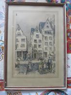 mooie gesigneerde aquarel vismarkt 30/22 cm ingelijst, Ophalen of Verzenden
