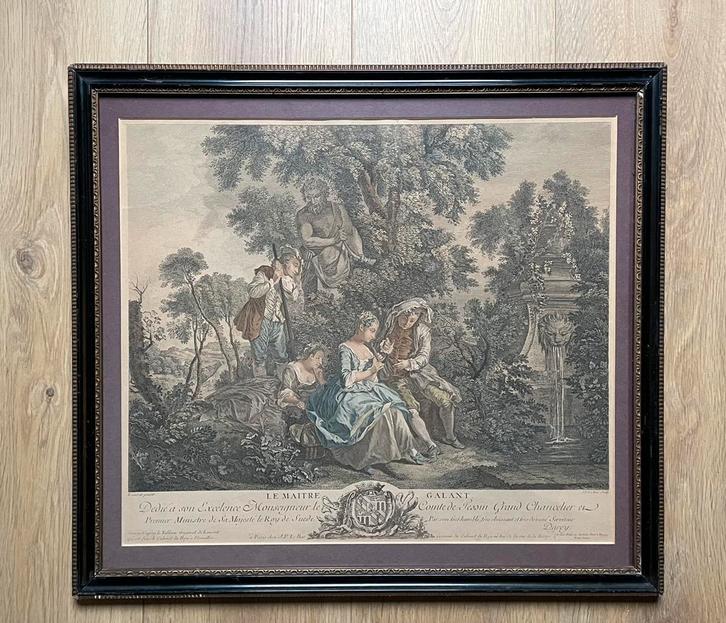 Ingekleurde Franse gravure ‘Le maitre galant’ uit 1748, Antiek en Kunst, Kunst | Etsen en Gravures, Ophalen
