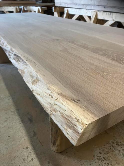 Boomstamtafel met eiken hout met onderstel hand gemaakt dik, Huis en Inrichting, Tafels | Eettafels, Nieuw, 200 cm of meer, Vijf personen of meer