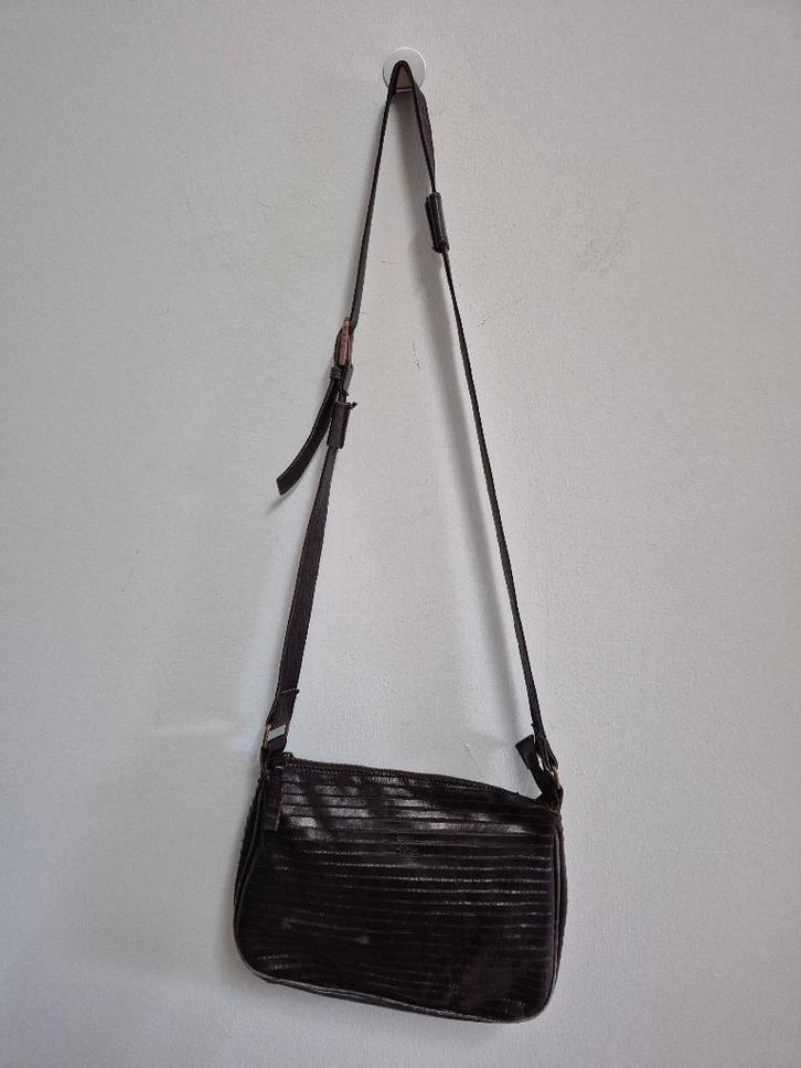 Tas34 - Donkerbruine leren Fred de le Bretoniere tas (1), Sieraden, Tassen en Uiterlijk, Tassen | Damestassen, Handtas, Bruin