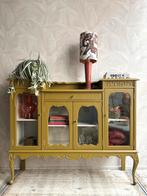 Gerestaureerde vitrinekast dressoir vintage olijfgroen, Ophalen, 100 tot 150 cm, -, Glas