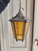 Antieke lantaarn brons Byzantijn geel glas hanglamp hallamp, Antiek en Kunst, Ophalen of Verzenden