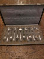 Prachtige set van 12 verzilverde zuurvorkjes in cassette, Antiek en Kunst, Ophalen of Verzenden, Zilver