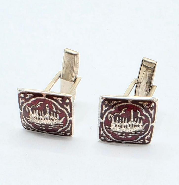 Zilveren Niello Manchetknopen, Sieraden, Tassen en Uiterlijk, Manchetknopen, Zo goed als nieuw, Zilver, Verzenden