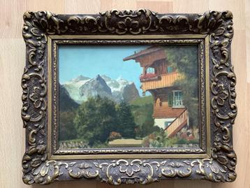 olieverfschilderij oostenrijks/zwitsers chalet met bergen  beschikbaar voor biedingen