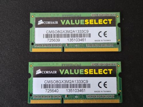 Corsair ValueSelect 8GB DDR3 (SODIMM) @ 1.333MT/s, kit van 2, Computers en Software, RAM geheugen, Zo goed als nieuw, Laptop, 8 GB