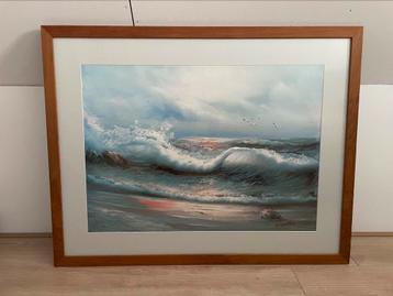 Schilderij zee , prachtige teak houten lijst, G, Cousteau beschikbaar voor biedingen