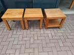3 teak houten bijzettafels op wieltjes, Minder dan 55 cm, Gebruikt, Vierkant, Hout