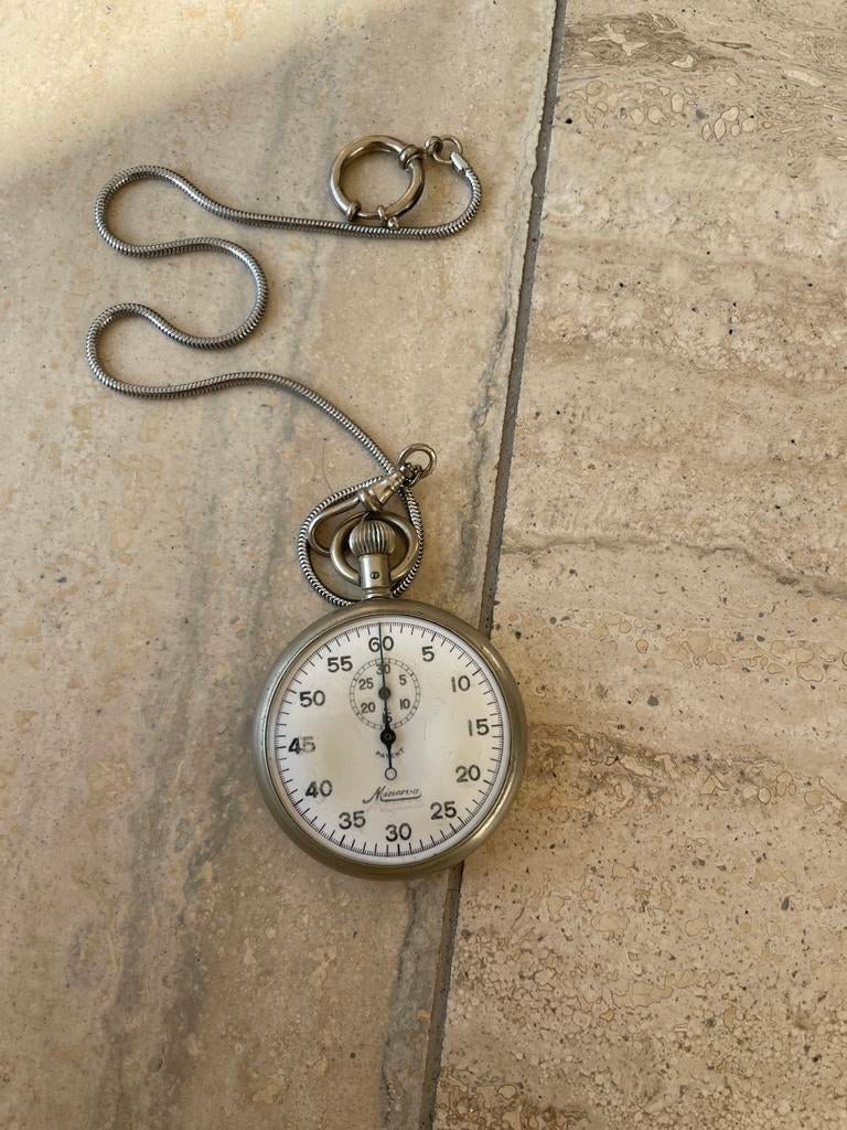 Vintage Minerva stopwatch met Ketting, Ophalen of Verzenden