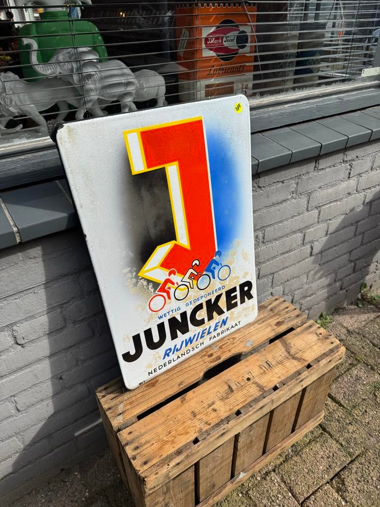 Vintage Juncker Rijwielen Emaille Reclamebord, Ophalen
