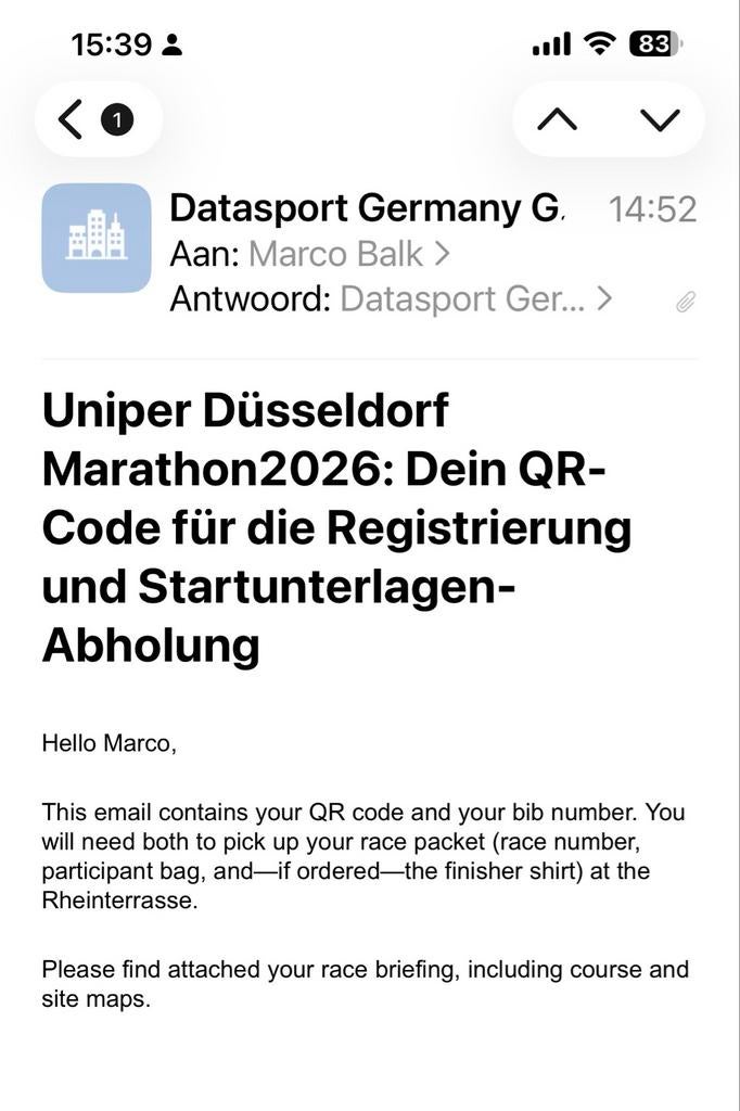 Startnummer (Bib) halve marathon Dusseldorf 26/4/26, Eén persoon, April