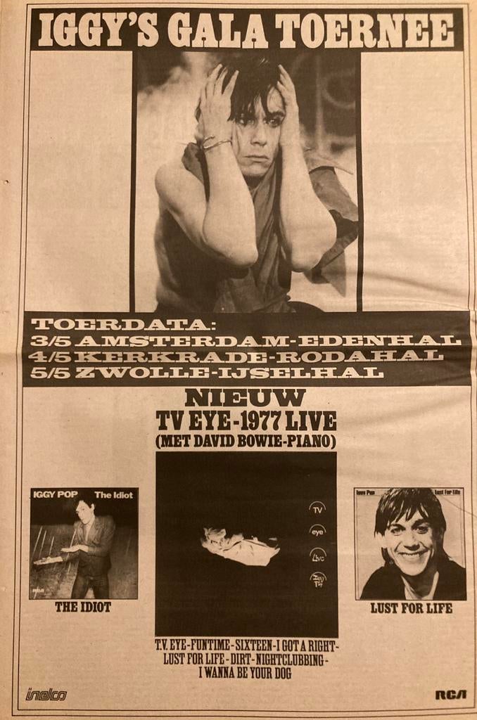 Paginagrote A3 advertentie IGGY POP NL tour 1978, Ophalen of Verzenden, Zo goed als nieuw, Poprock