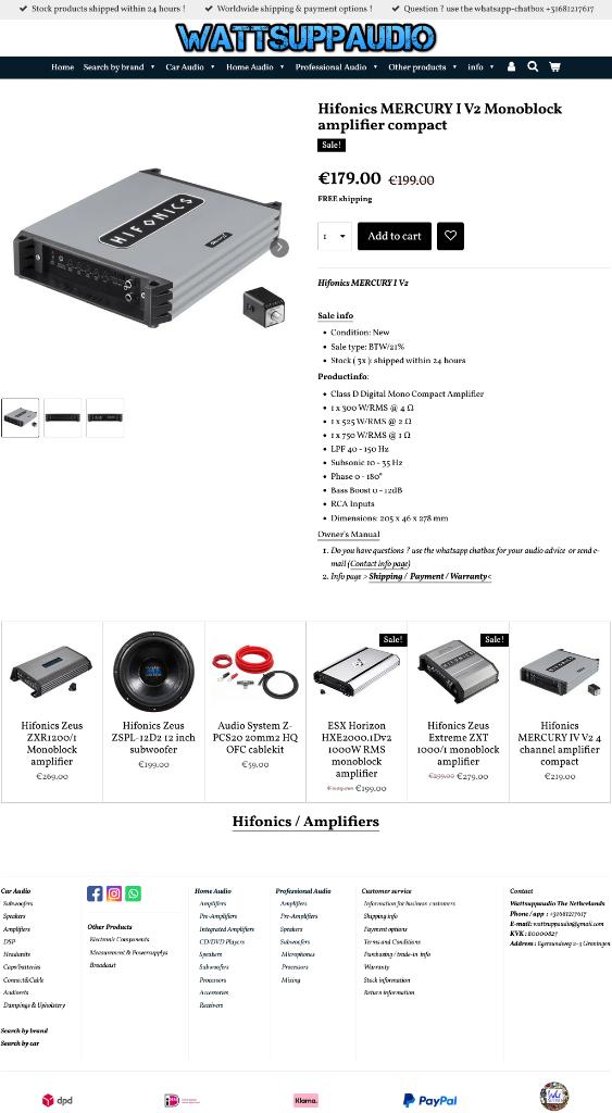 Hifonics MERCURY I V2 Monoblok versterker 750W RMS, Audio-design, Nieuw, Am Breilingsweg 3, 76709 Kronau, Duitsland, Ophalen of Verzenden