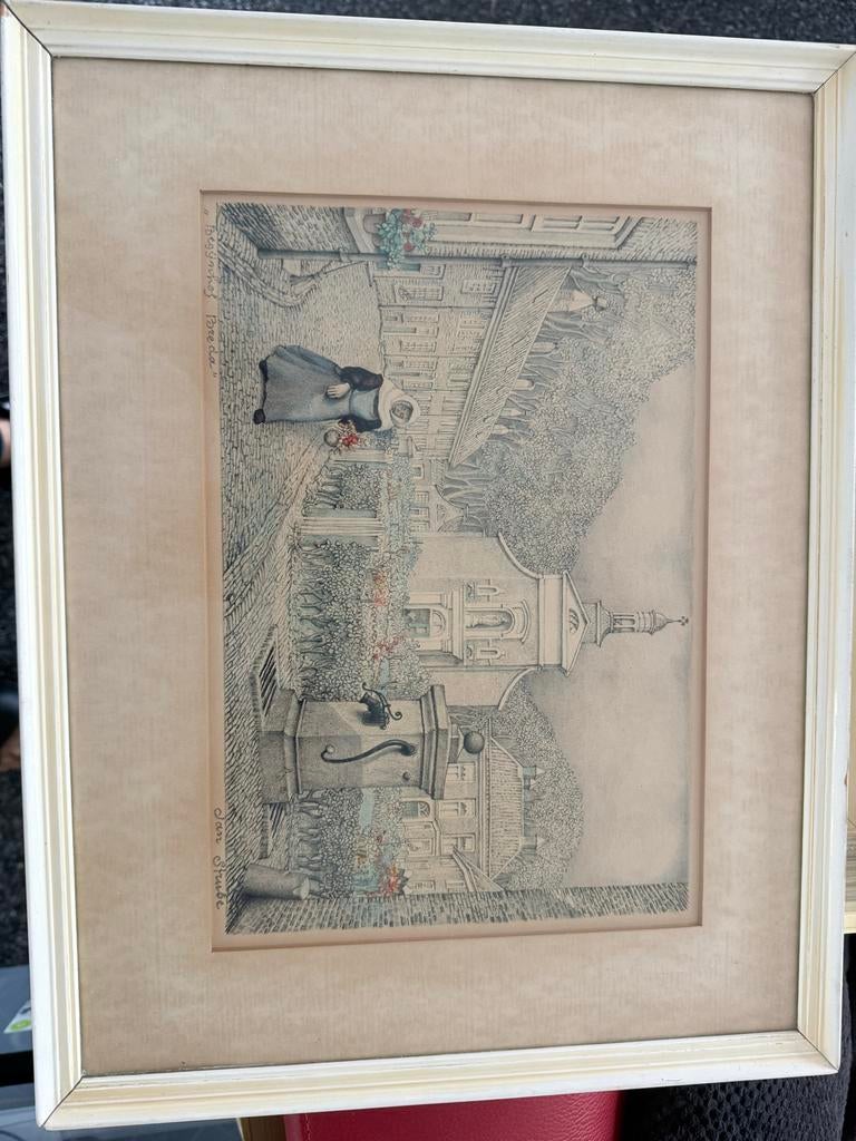 Jan Strube - Begijnhof Breda - Ingelijste tekening, Antiek en Kunst, Ophalen of Verzenden