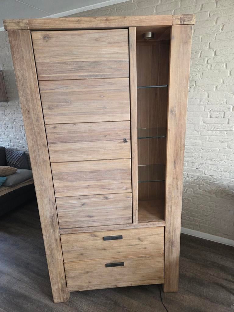 Teakhouten wandkast met lades en glazen planken, Huis en Inrichting, Kasten | Wandmeubels, Ophalen, Gebruikt, 200 cm of meer, Teakhout