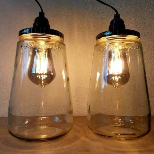 Kesbekelamp | Industriële Glazen hanglamp  | Augurkenpotlamp, Huis en Inrichting, Lampen | Hanglampen, Nieuw, Ophalen of Verzenden