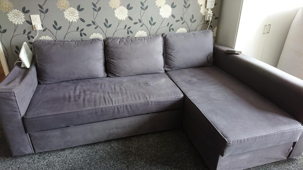 Grijze slaapbank Ikea met chaise longue, Gebruikt, Tweepersoons, Ophalen of Verzenden, Overige maten