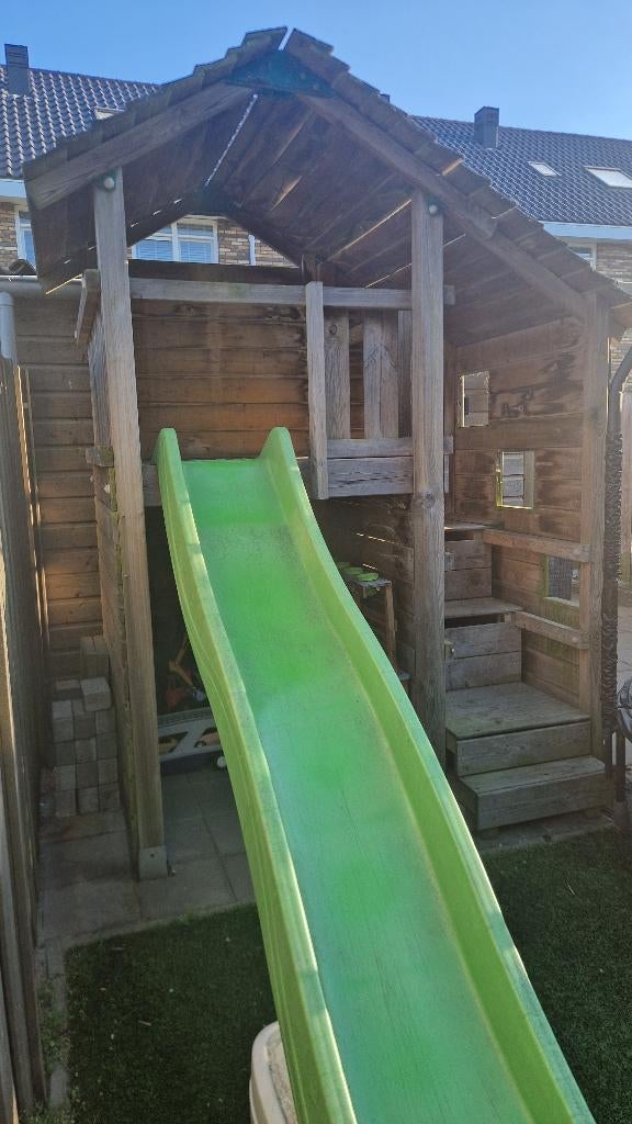 Jungle gym houten speelhuisje met glijbaan, schommel en meer, Ophalen of Verzenden, Gebruikt, Hout