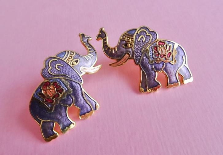 jwg Vintage 70s olifant oorbellen cloisonné emaille paars, Sieraden, Tassen en Uiterlijk, Antieke sieraden, Oorbellen, Overige materialen