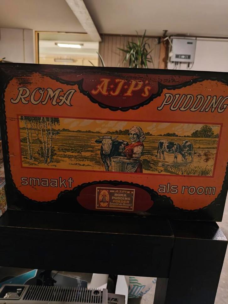 Antiek reclameblik A.J. Polak puddingfabriek (1920-1930), Antiek en Kunst, Antiek | Overige Antiek, Ophalen of Verzenden