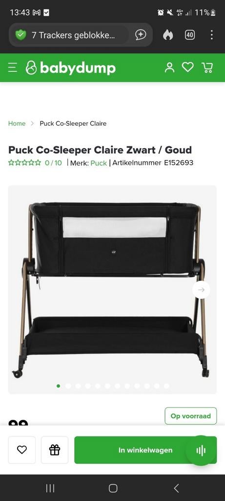Puck Co-Sleeper Claire Zwart / Goud, Ophalen of Verzenden, Zo goed als nieuw, Wieg