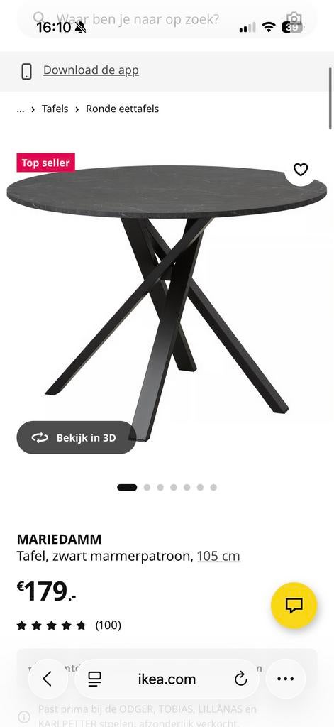 Zwarte tafel met marmer blad, Ophalen, Gebruikt, 100 tot 150 cm, Rond