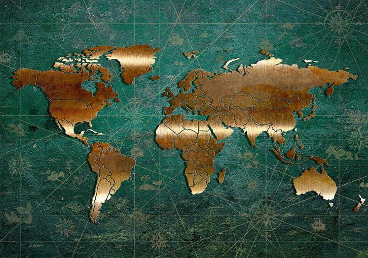 23 Wereldkaart Groen Goud Vlies Fotobehang 350x250cm Behang, Huis en Inrichting, Stoffering | Behang, Wit, Zwart, Beige, Bruin