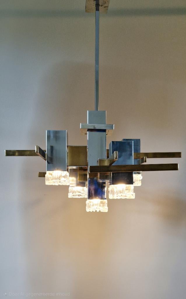 Vintage design kroonluchter, Cubic, Gaetano Sciolari, 1970s, Ophalen, Gebruikt, Glas, Italiaans design, vintage, kubistisch, jaren 70