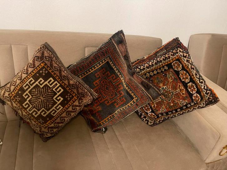 Set van 4 handgemaakte kussens met etnische patronen, Huis en Inrichting, Woonaccessoires | Kussens, Gebruikt, Bruin, Vierkant