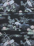 5098 vintage behang met reigers en waterplanten swiet, Ophalen of Verzenden, Minder dan 10 m², Blauw