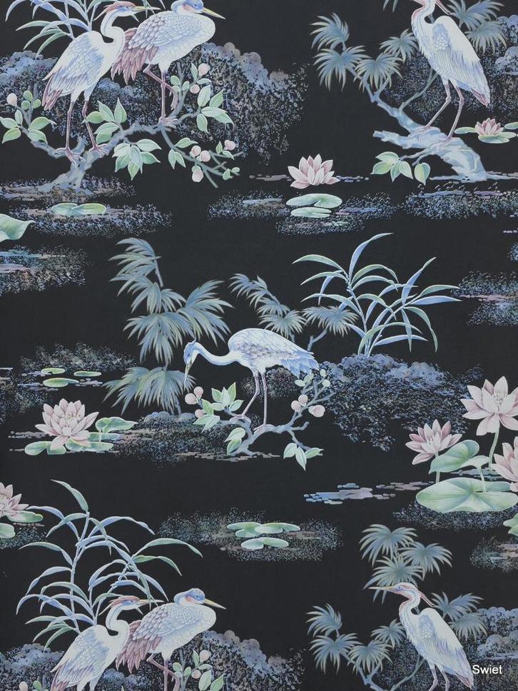 5098 vintage behang met reigers en waterplanten swiet, Huis en Inrichting, Stoffering | Behang, Blauw, minder dan 10 m², Ophalen of Verzenden