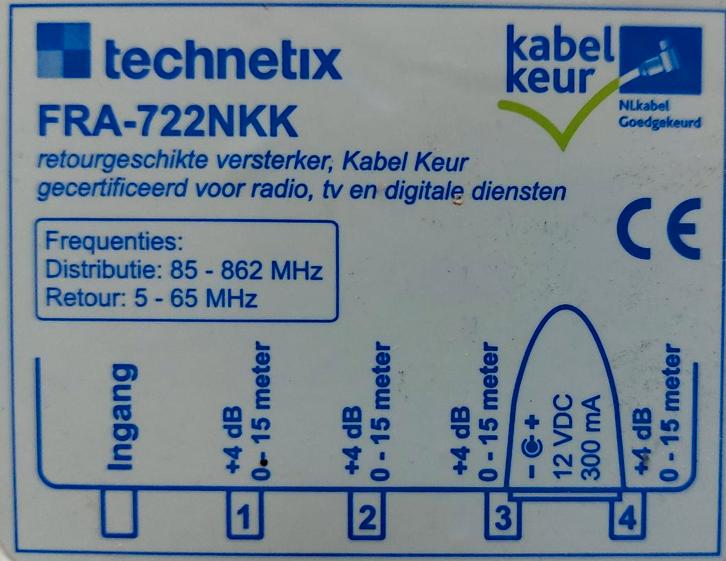 Technetix Antenne versterker FRA-722NKK, Audio, Tv en Foto, Audiokabels en Televisiekabels, Zo goed als nieuw, Coaxiale kabel