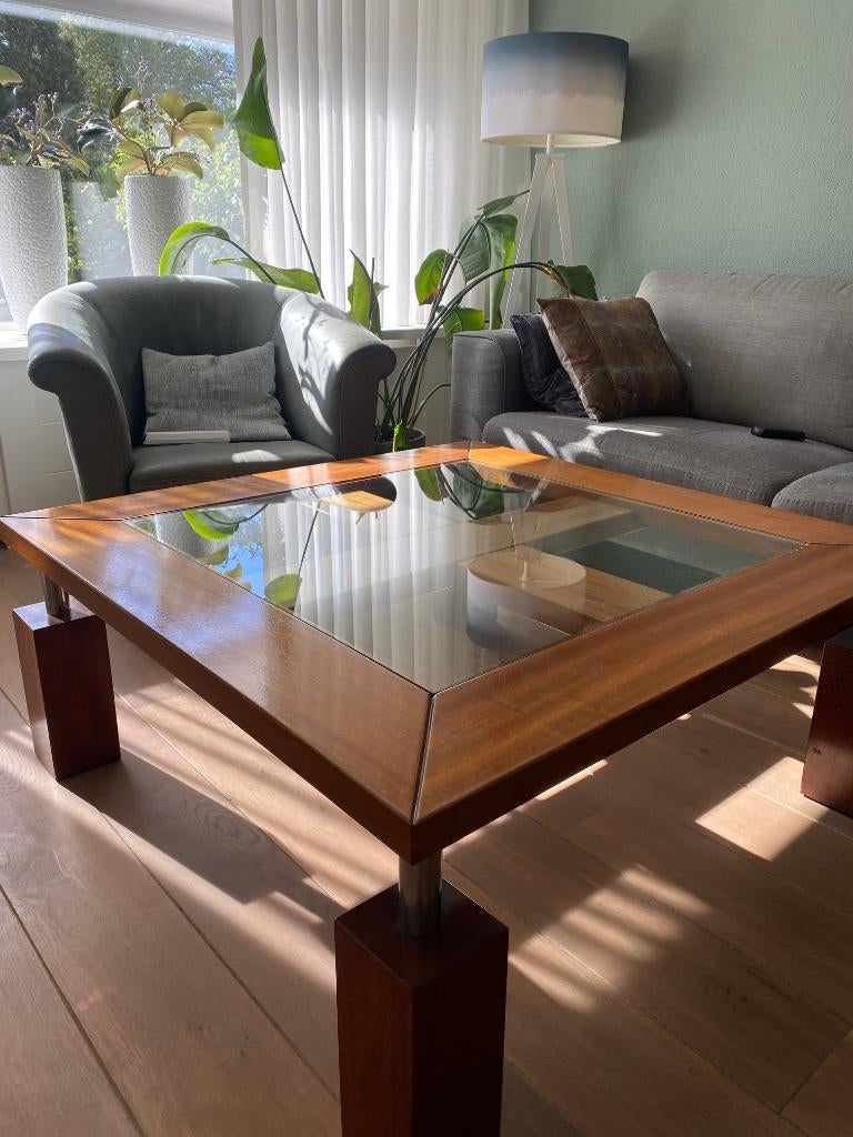 Jatoba salontafel met glasplaat, ontwerp van Jan des Bouvrie, Ophalen, Gebruikt, Vierkant, Minder dan 50 cm