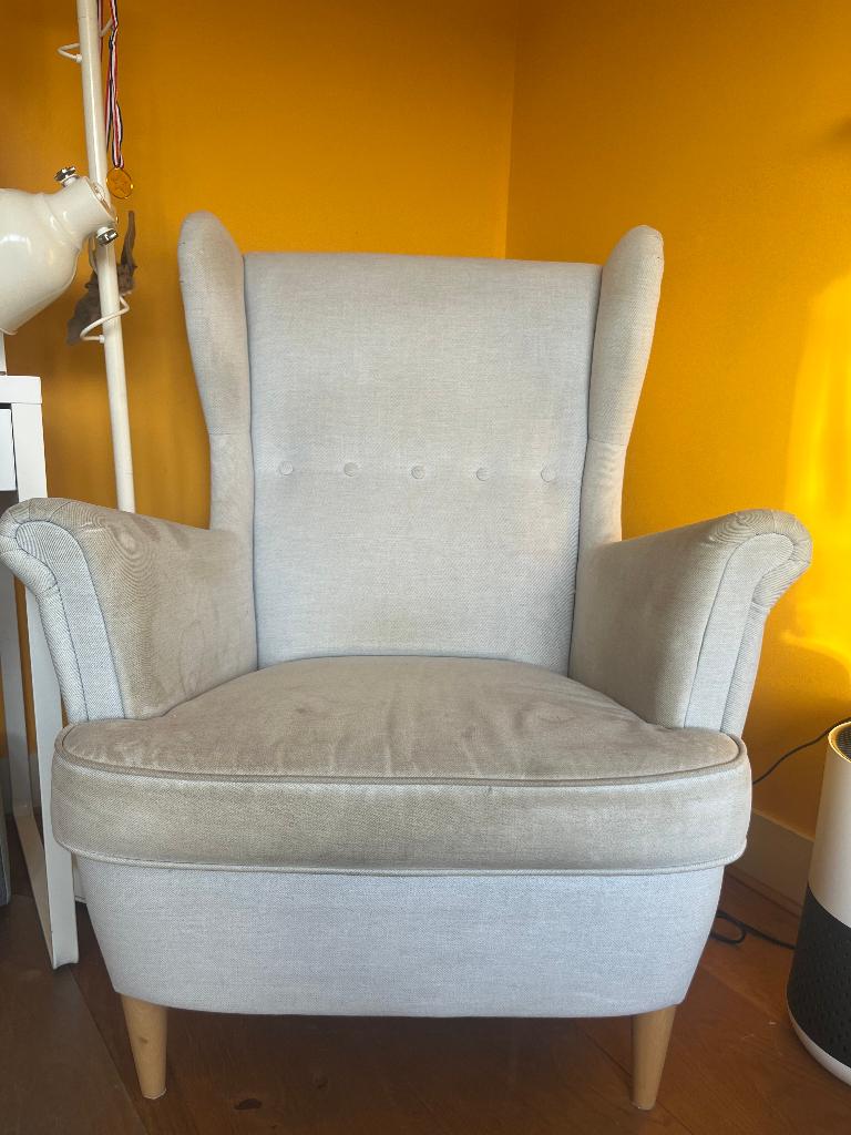 IKEA STRANDMON oorfauteuil beige, Ophalen, Gebruikt, Ikea oorfauteuil, 75 tot 100 cm