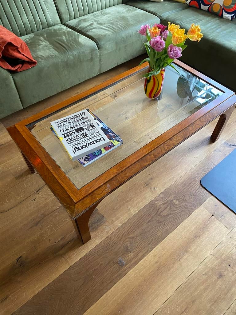 Vintage salontafel met glazen blad, Ophalen, Gebruikt, 100 tot 150 cm, Glas