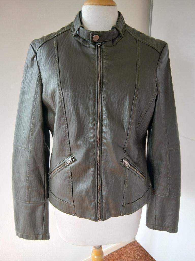 Olijfgroene " leren " dames biker jas maat 38., Maat 38/40 (M), Silver Creek, Ophalen of Verzenden, Zo goed als nieuw